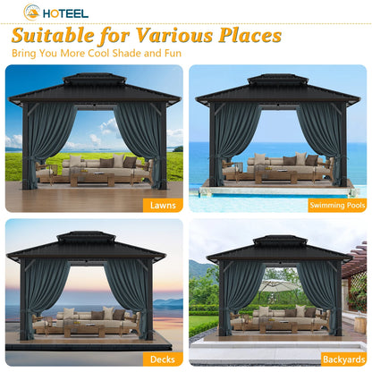 HOTEEL 10'x12' Hardtop Gazebo, Outdoor Steel Double Galvanized Roof Canopy, Aluminum Frame Permanent Pavilion Metal Gazebo with Curtains and Nettings, Sunshade for Patios, Gardens, Lawns, Black
