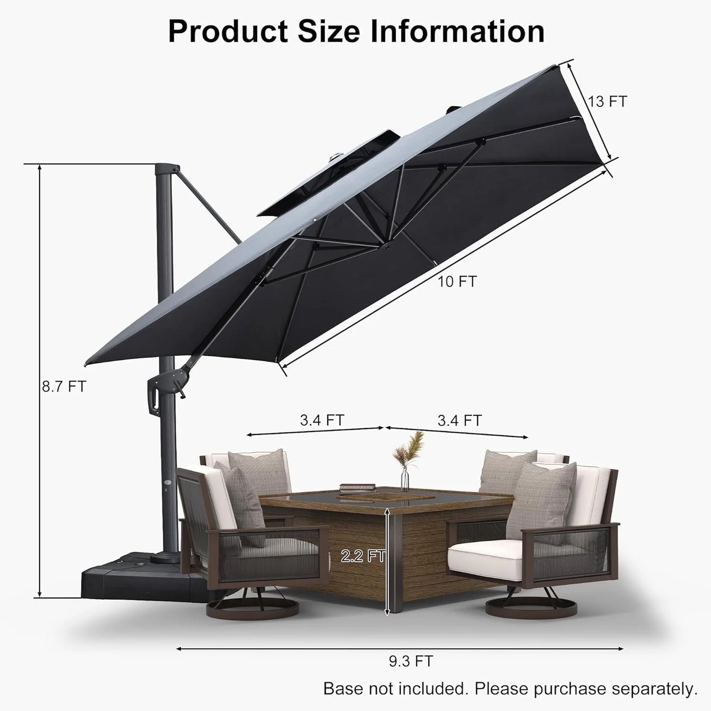 PURPLE LEAF Outdoor Cantilever Umbrella 10' X 13' Rectangle Umbrella Large Patio Umbrella Windproof Heavy Duty Hanging Offset Umbrella for Garden Outdoor Pool, Dark Grey