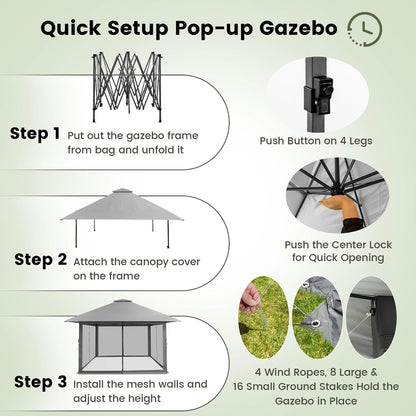 Gymax Outdoor Patio 13' x13' Pop Up Canopy Tent UV50+ Adjust Sun Protection w/Mesh Sidewall Grey