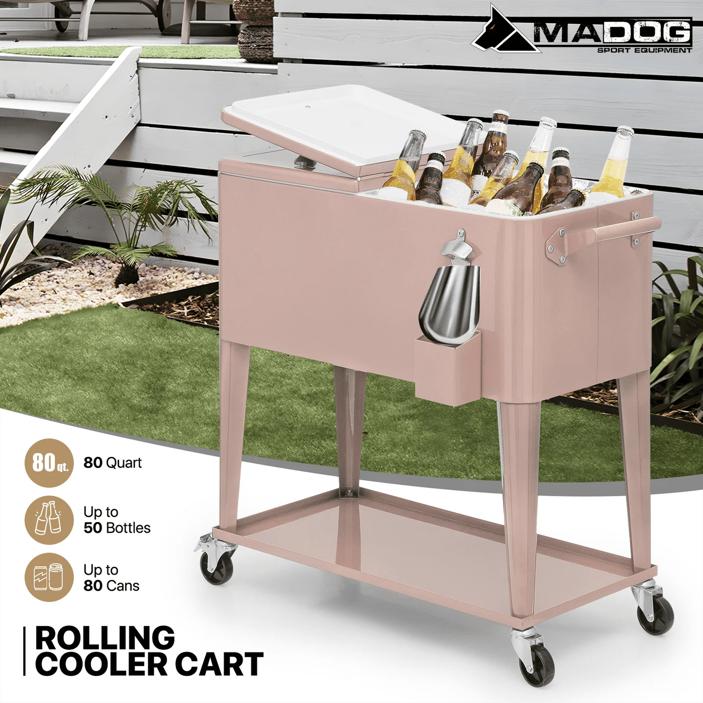 MADOG 80 Quart Rolling Cooler Ice Chest for Outdoor Patio Deck Party, Bar Cold Drink Beverage Cart Tub, Backyard Cooler Trolley on Wheels with Ice Scoop, Catch Tray & Bottle Opener, Pink
