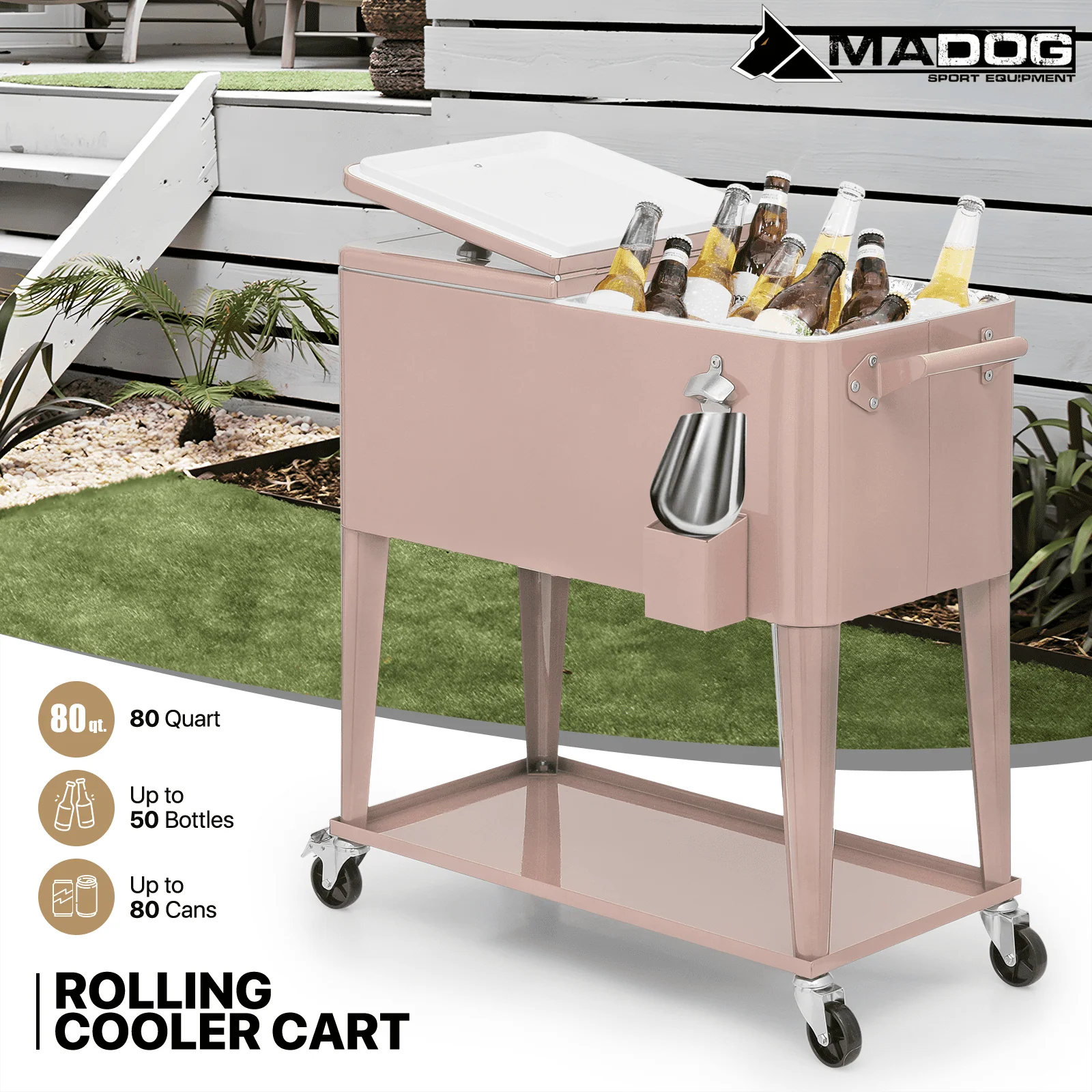 MADOG 80 Quart Rolling Cooler Ice Chest for Outdoor Patio Deck Party, Bar Cold Drink Beverage Cart Tub, Backyard Cooler Trolley on Wheels with Ice Scoop, Catch Tray & Bottle Opener, Pink