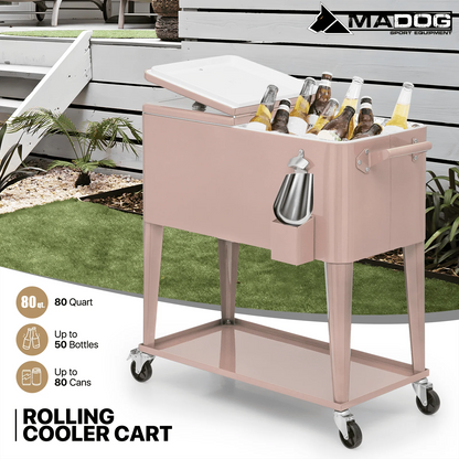MADOG 80 Quart Rolling Cooler Ice Chest for Outdoor Patio Deck Party, Bar Cold Drink Beverage Cart Tub, Backyard Cooler Trolley on Wheels with Ice Scoop, Catch Tray & Bottle Opener, Pink