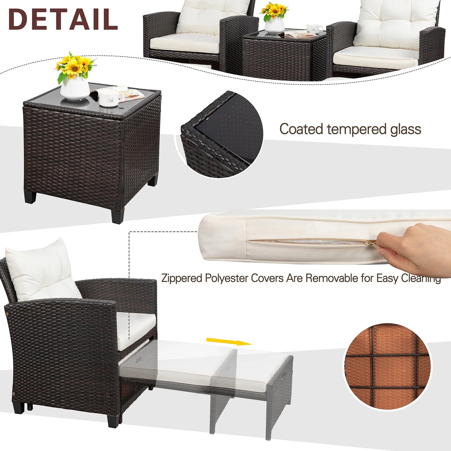 Sobaniilo 5 Piece Patio Furniture Set,Outdoor PE Wicker Patio Chair Two with Ottoman Underneath, Wicker Lounge Chair with Side Table, Beige