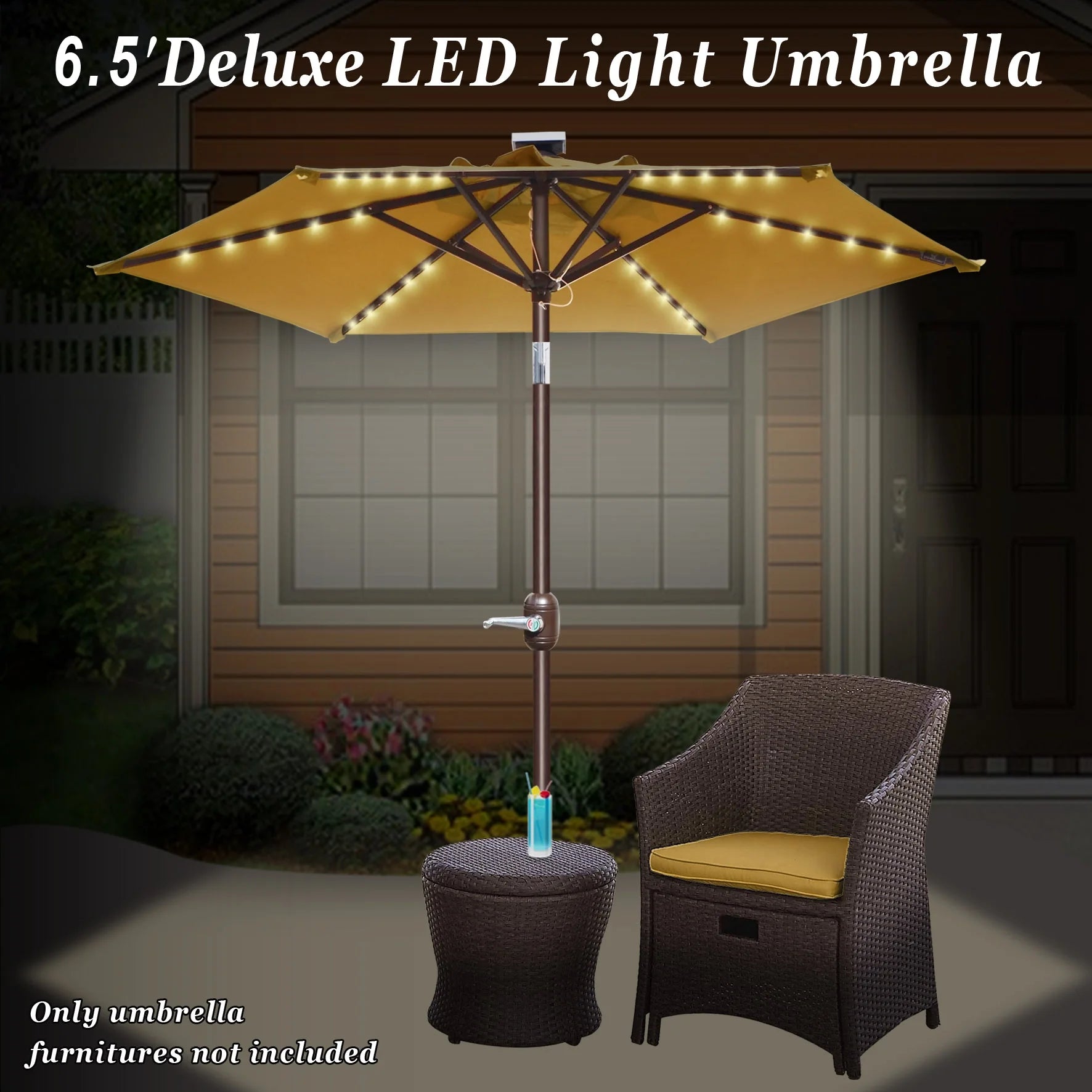Sunny6.5ft Outdoor Patio Umbrella LED Lighted Tilt Aluminum Garden Market Balcony Sunshade