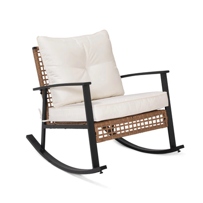 LAUSAINT HOME Outdoor Rocking Chair, Patio PE Rattan Chair with Beige Cushions