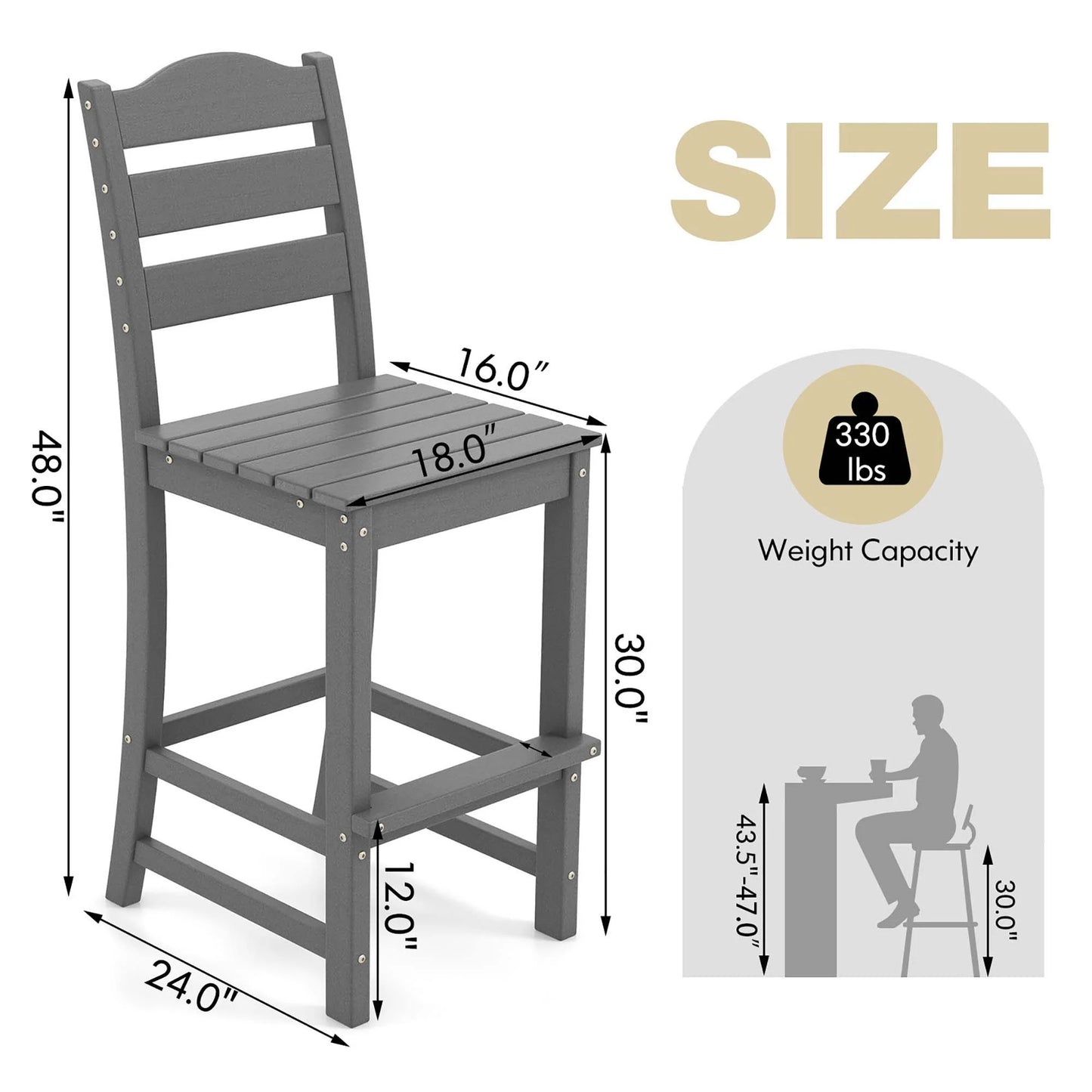 Costway Outdoor HDPE Bar Stool Patio Tall Chair Backrest Footrest All Weather Gray
