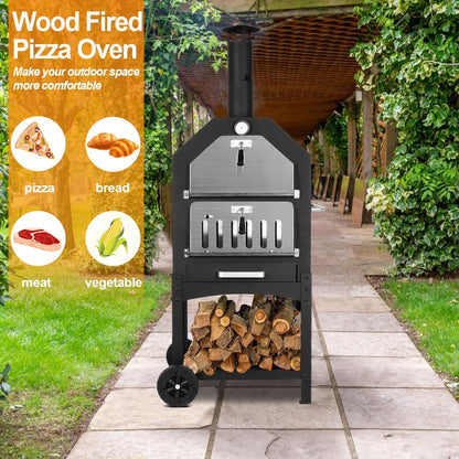 Outdoor Pizza Oven Wood Fired Pizza Oven Patio Portable Pizza Maker Cooking Grill with Wheels Waterproof Cover