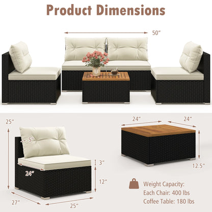 Gymax 5PCS Rattan Patio Conversation Sofa Set Outdoor Furniture Set w/Off White Cushions
