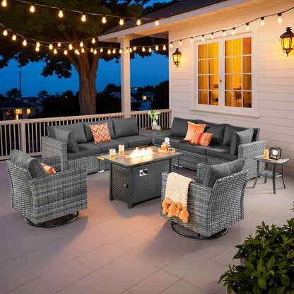 Vcatnet 11 Pieces Outdoor Patio Furniture Sets with Fire Pit Sectional Sofa All Weather Wicker Conversation Set with Swivel Glider Chairs, Black
