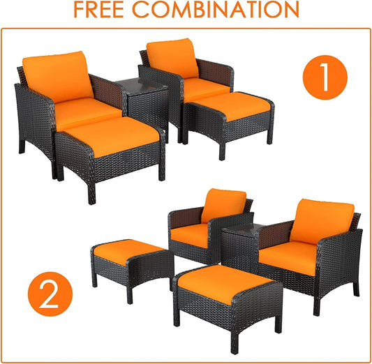 GARTIO 5 Pieces Patio Conversation Furniture Set, Outdoor PE Wicker Rattan Chairs with Ottomans and Side Table