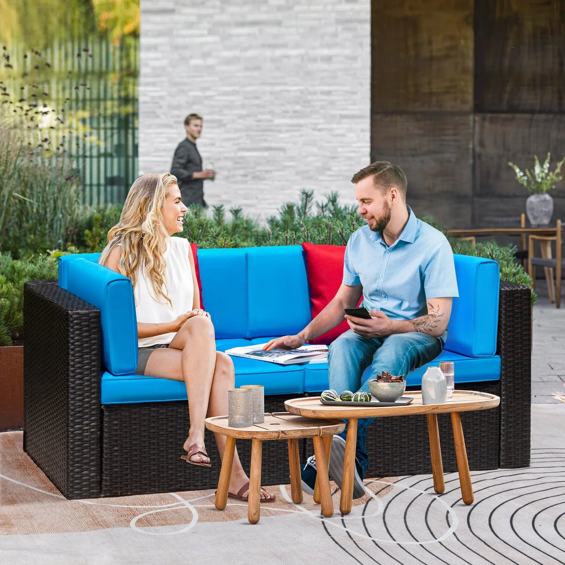 Lacoo 2 Pieces Patio Loveseat Outdoor Sectional Sofa Patio Conversation Set for Small Area, Blue