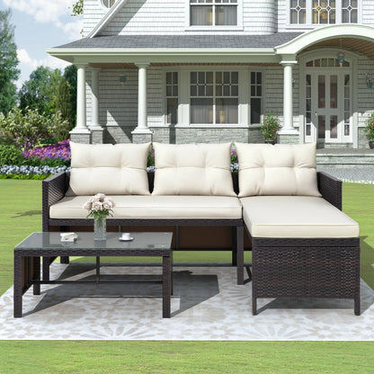 ENYOPRO 3 PCS Patio Sectional Sofa Conversation Set, All Weather Rattan Patio Furniture Set, Brown Outdoor Chaise Lounge Set with Cushion and Table, Deck Backyard Porch Furniture, JA1819