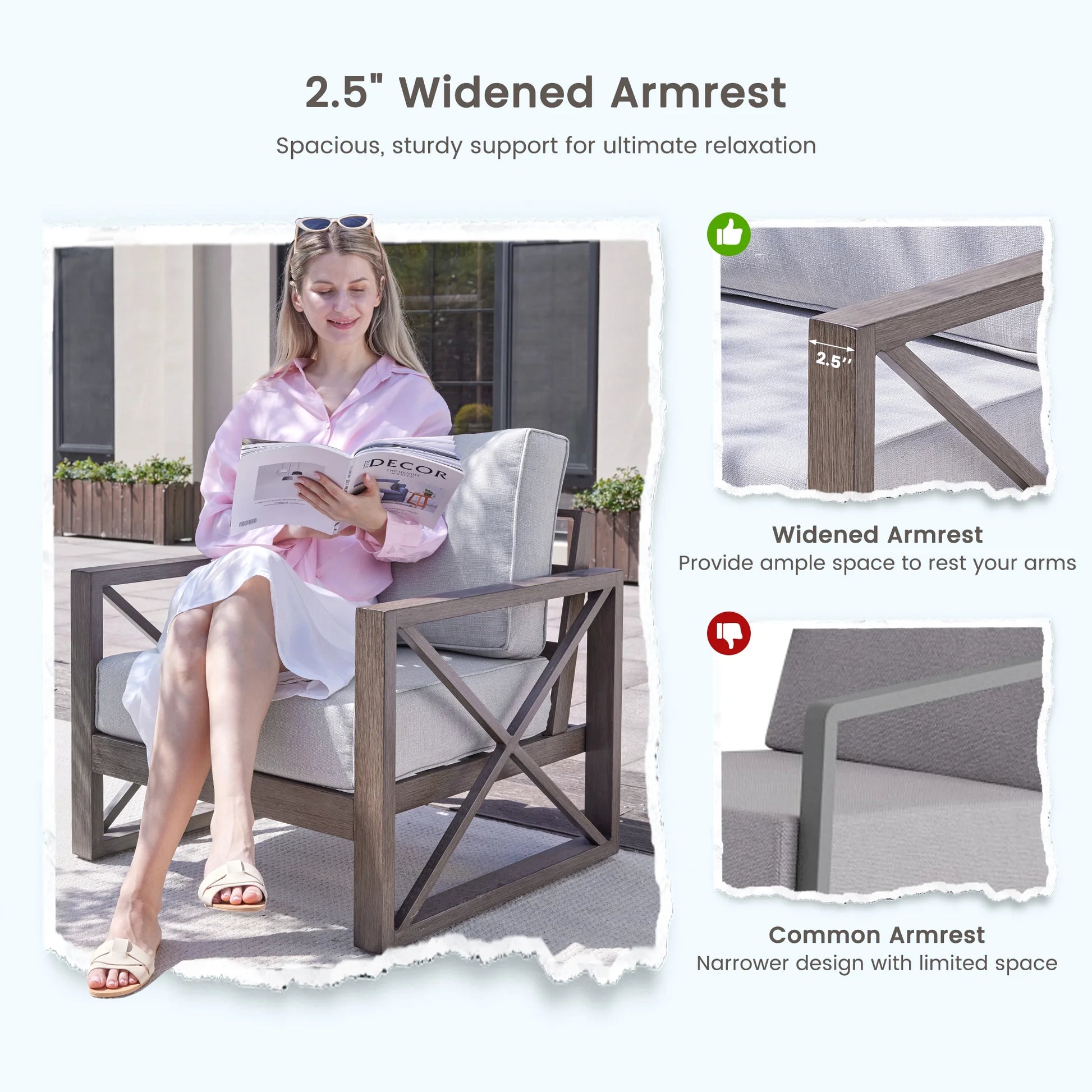 MRUAKA 5 Piece Aluminum Patio Furniture Set Faux Wood Grain Modern Outdoor Furniture Set with 6" Olefin Fabric Cushions and Coffee Table, 600D Waterproof Cover Included, Dark Grey