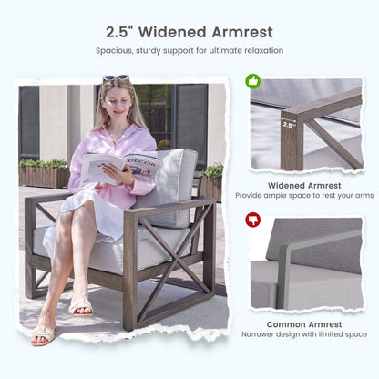 MRUAKA 5 Piece Aluminum Patio Furniture Set Faux Wood Grain Modern Outdoor Furniture Set with 6" Olefin Fabric Cushions and Coffee Table, 600D Waterproof Cover Included, Dark Grey