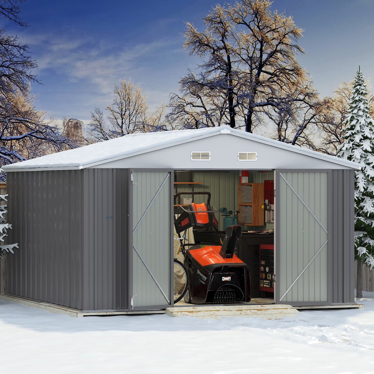 Devoko 10x8 Ft Metal Storage Shed, Lockable Steel Garden Shed for Patio Backyard Outdoor Tools, Brown