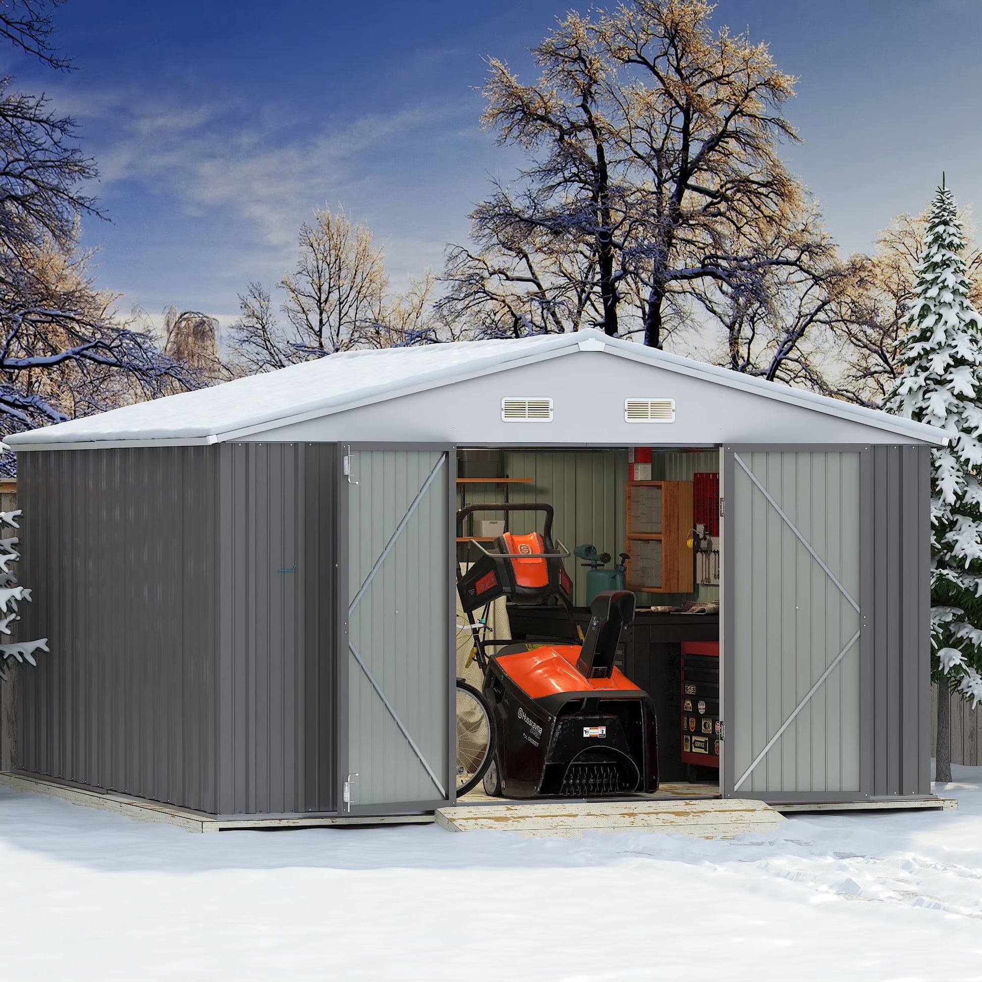 Devoko 10x8 Ft Metal Storage Shed, Lockable Steel Garden Shed for Patio Backyard Outdoor Tools, Brown