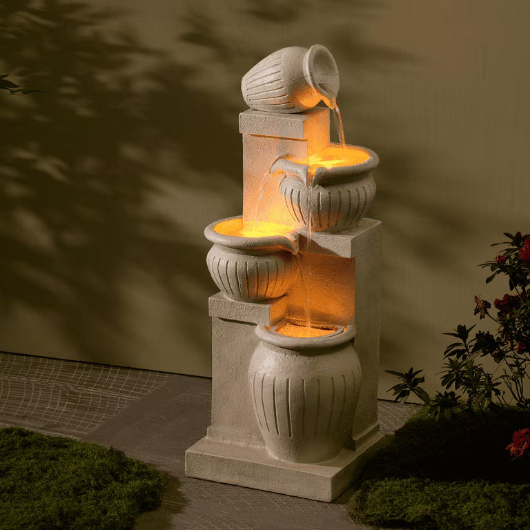 Teamson Home Outdoor Water Fountain with LightsC 4-Tier Cascading Bowl Design with LED Light & Solar Pump, Solar-Powered Water Fountain Outdoor Garden, Yard, or Patio Dcor, Navy Blue