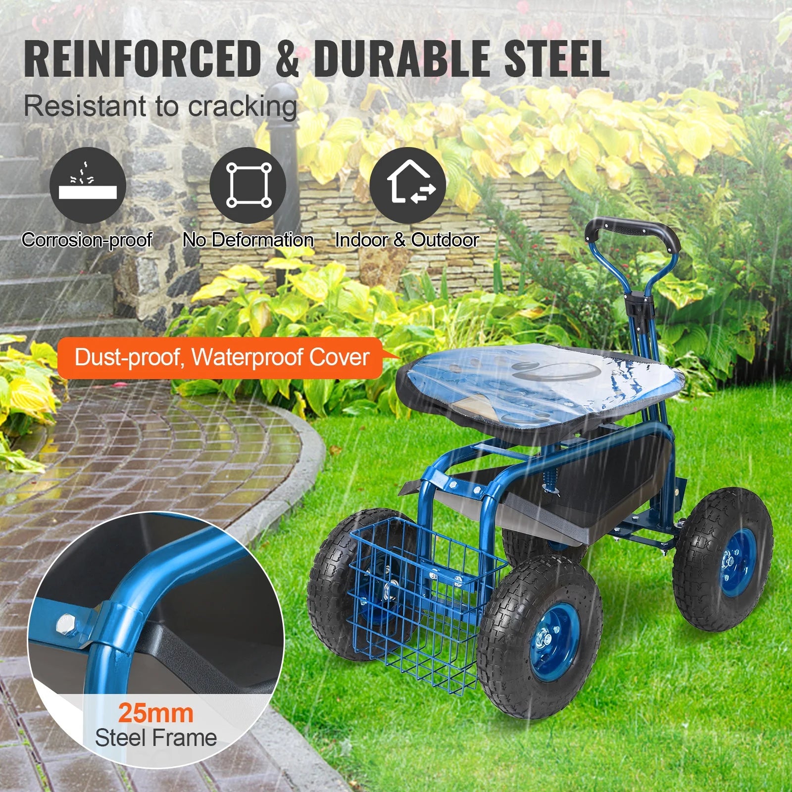 KFFKFF Outdoor Cart with Rotating Seat, Planting Stool on Wheels, Garden Trolley with Directional Handle and Handy Tool Tray, Ideal for Lawn, Patio, and Outside Areas, Blue
