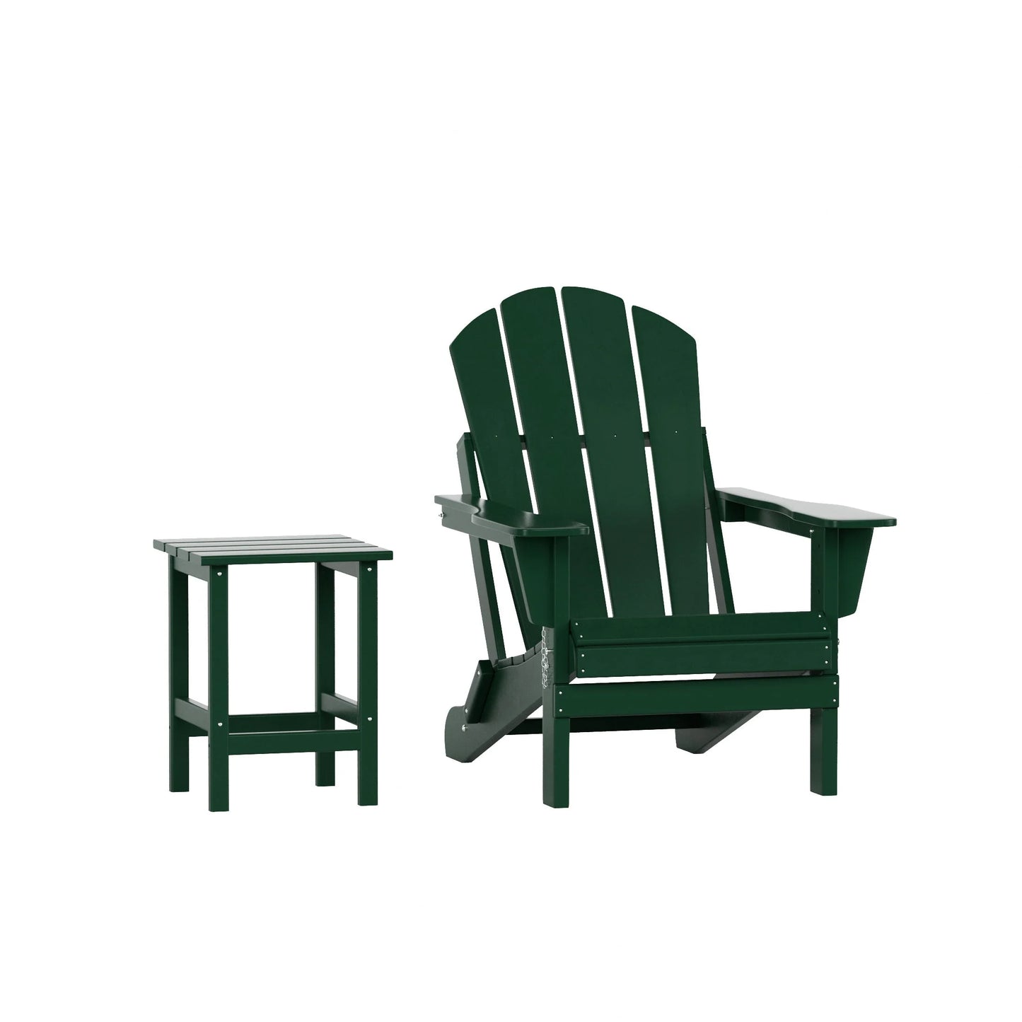 WestinTrends Malibu 2-Pieces Adirondack Chair Set with Side Table, All Weather Outdoor Seating Plastic Patio Lawn Chair Folding for Outside Porch Deck Backyard, Dark Green