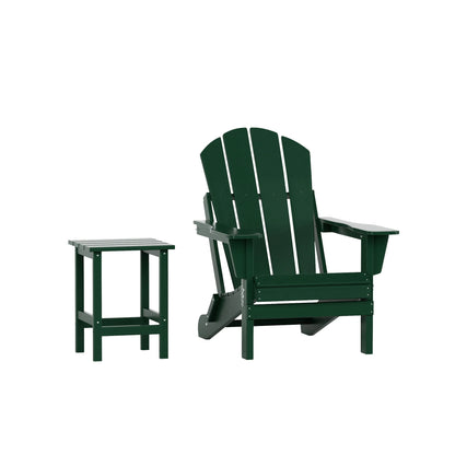 WestinTrends Malibu 2-Pieces Adirondack Chair Set with Side Table, All Weather Outdoor Seating Plastic Patio Lawn Chair Folding for Outside Porch Deck Backyard, Dark Green