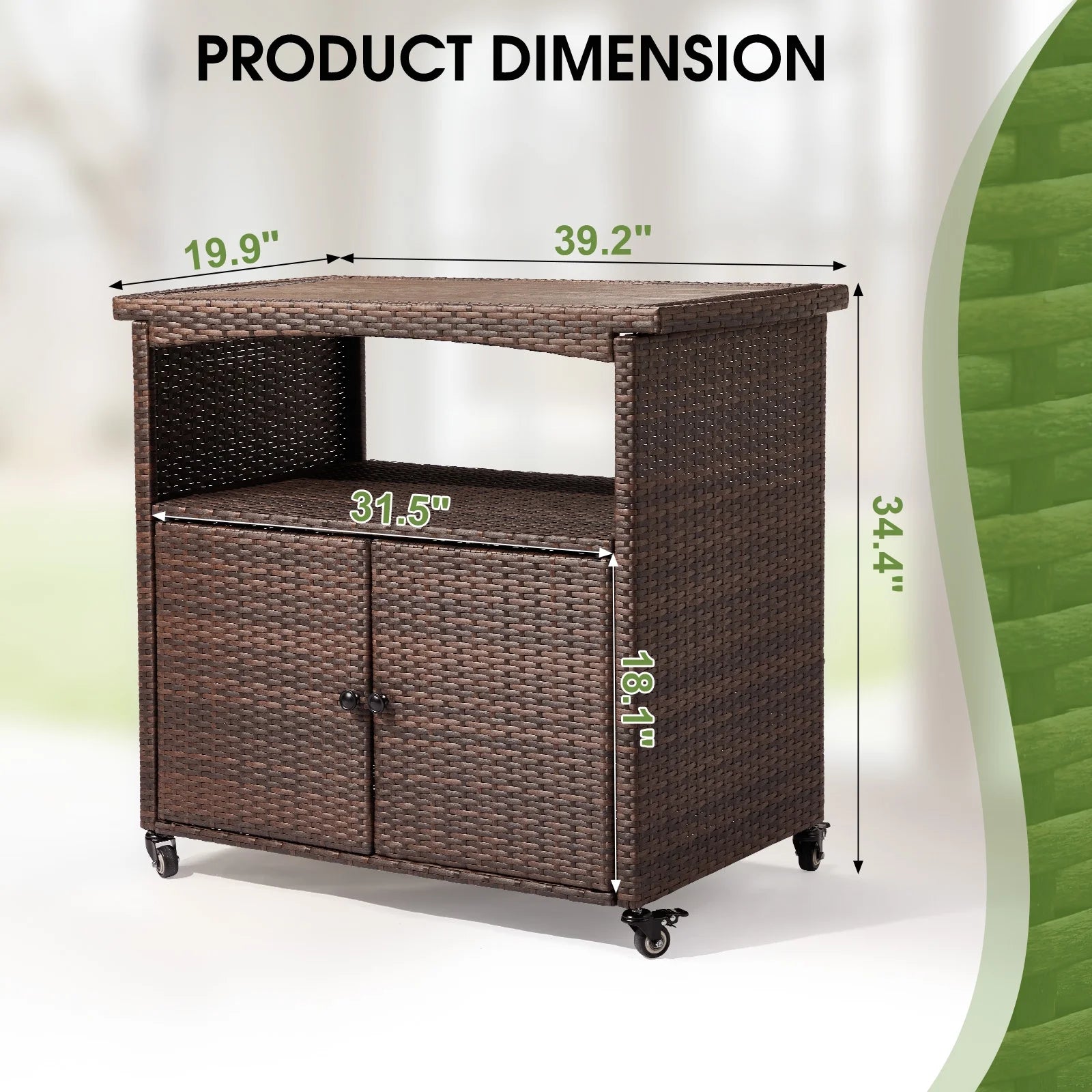UBesGoo Patio Outdoor Ratten Bar Table Cart w/4 Wheel, Weather-Resistant Wicker Bar Table with Wood Top, Outside Kitchen Serving Cart, Brown