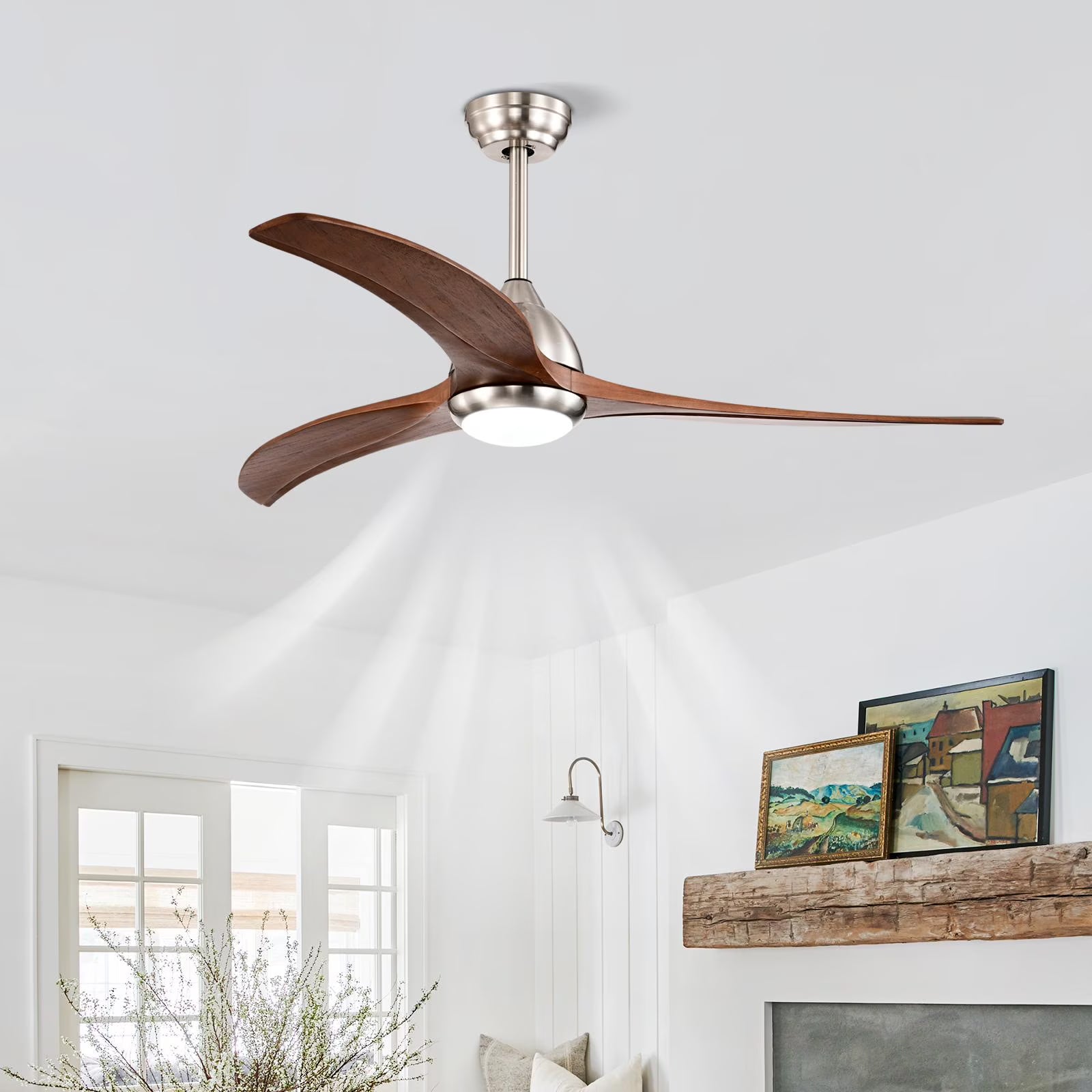 IVV 52 Inch Classic Flush Mount LED Ceiling Fan with Light, Remote Control, Reversible Motor, 6 Speed, 3 Wooden Blades for Bedroom Living Room Patio - Walnut