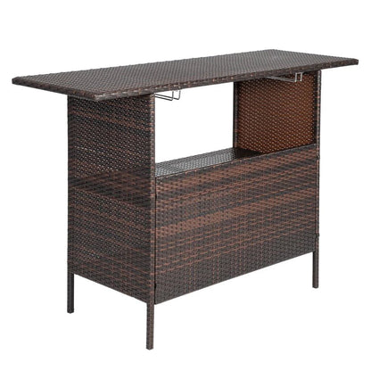 UBesGoo Outdoor Patio Rattan Wicker Bar Counter Table with 2 Storage Shelves