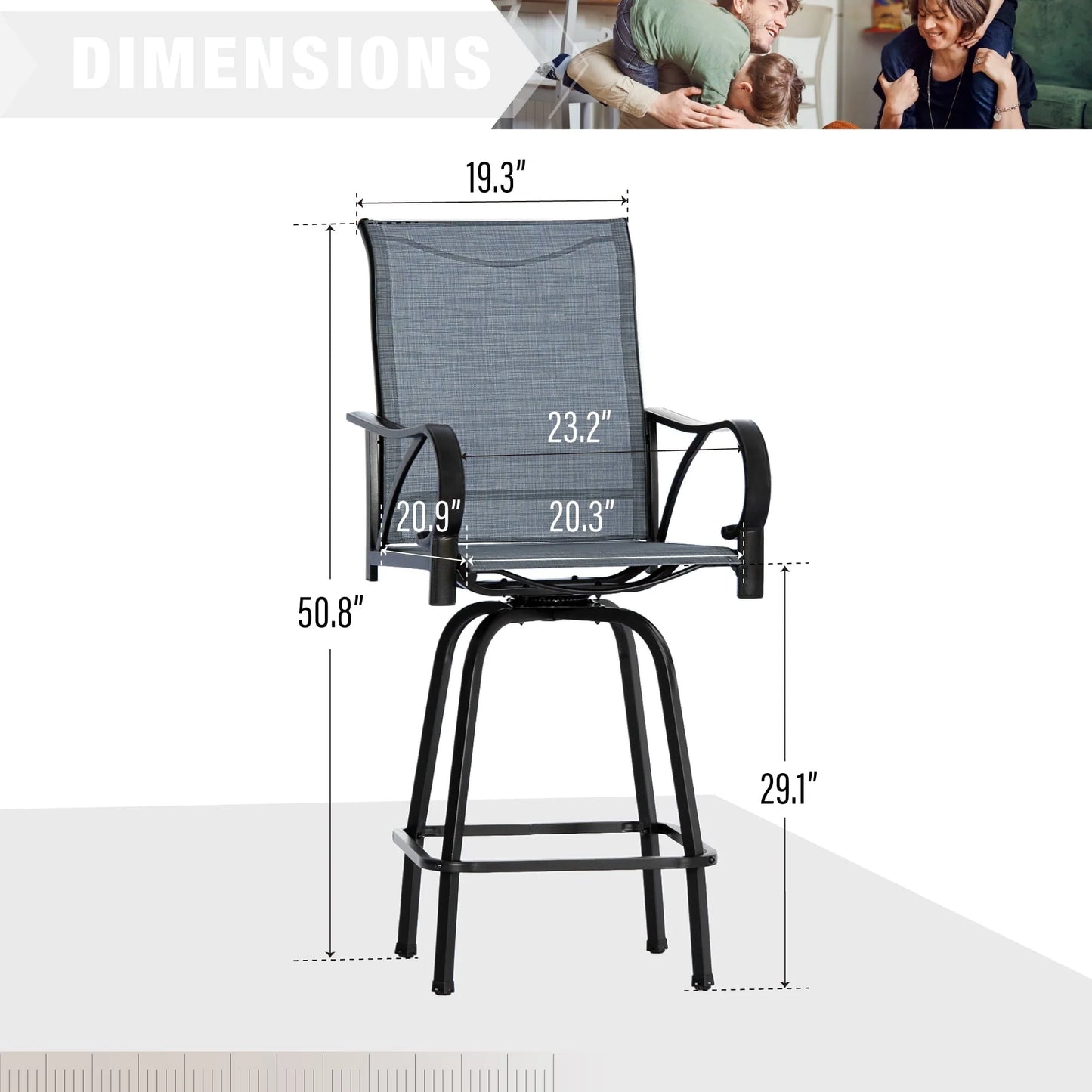 Summit Living Outdoor Swivel Bar Stool Dining Set of 7, Patio Counter Height Textilene Chairs with High Back and Armrest, Black & Grey