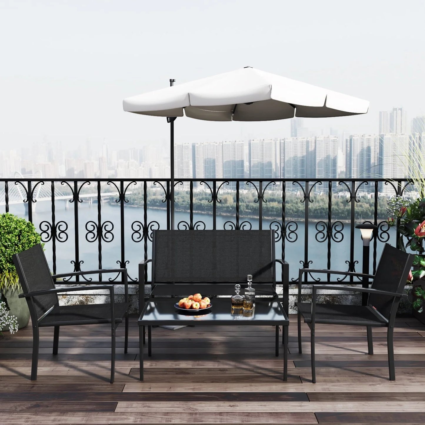 Devoko 4 Pieces Patio Furniture Outdoor furniture Outdoor Patio Furniture Set Textilene Bistro Set Modern Conversation Set Black Bistro Set with Loveseat Tea Table, Black