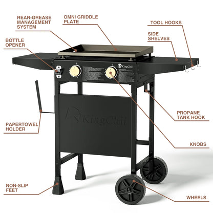 KingChii 2-Burner 19" Propane Griddle Outdoor Flat Top Gas Grill Griddle for Camping, Tailgating, BBQ, Parties, Backyard & Patio