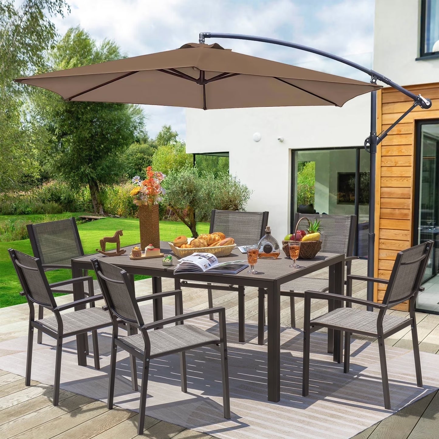 Devoko 7 Pieces Outdoor Dining Set ,Patio Conversation Set Outdoor Furniture Set 6 Stackable Textilene Armchairs with Rectangular Table, Light Gray