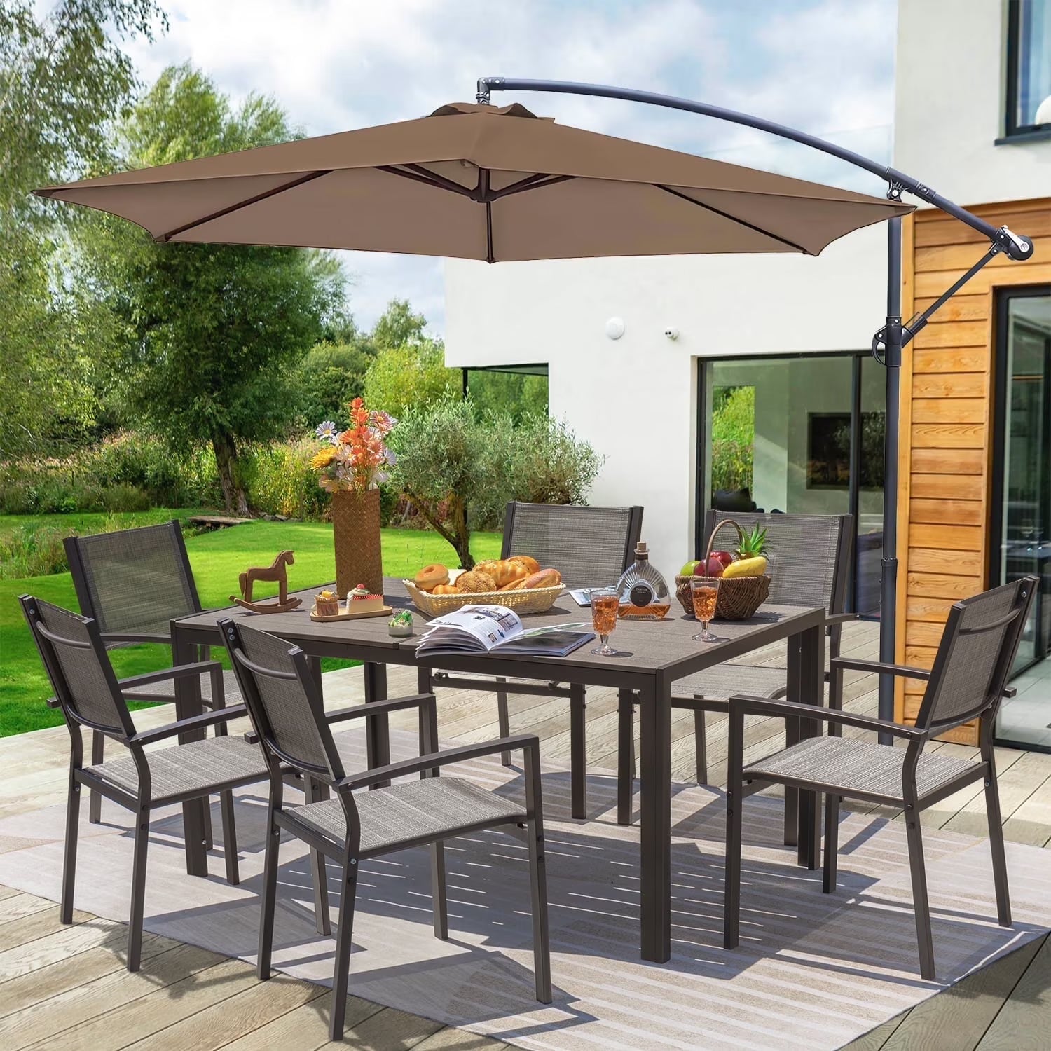 Devoko 7 Pieces Outdoor Dining Set ,Patio Conversation Set Outdoor Furniture Set 6 Stackable Textilene Armchairs with Rectangular Table, Light Gray