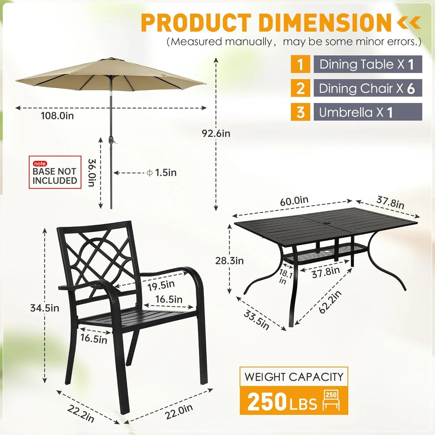SUNCROWN 7-Piece Outdoor Wrought Iron Chairs and Table Patio Dining Furniture Set - 6 Stackable Metal Chairs, 1 Steel Slat Bistro Table and 1 Brown 9Ft Patio Umbrella for Garden Backyard Deck