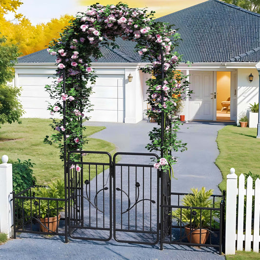 Uforic 87" Metal Garden Arbor Arch with Gate & Planter Boxes, Patio Wedding Party Lawn Arches Decoration, Black