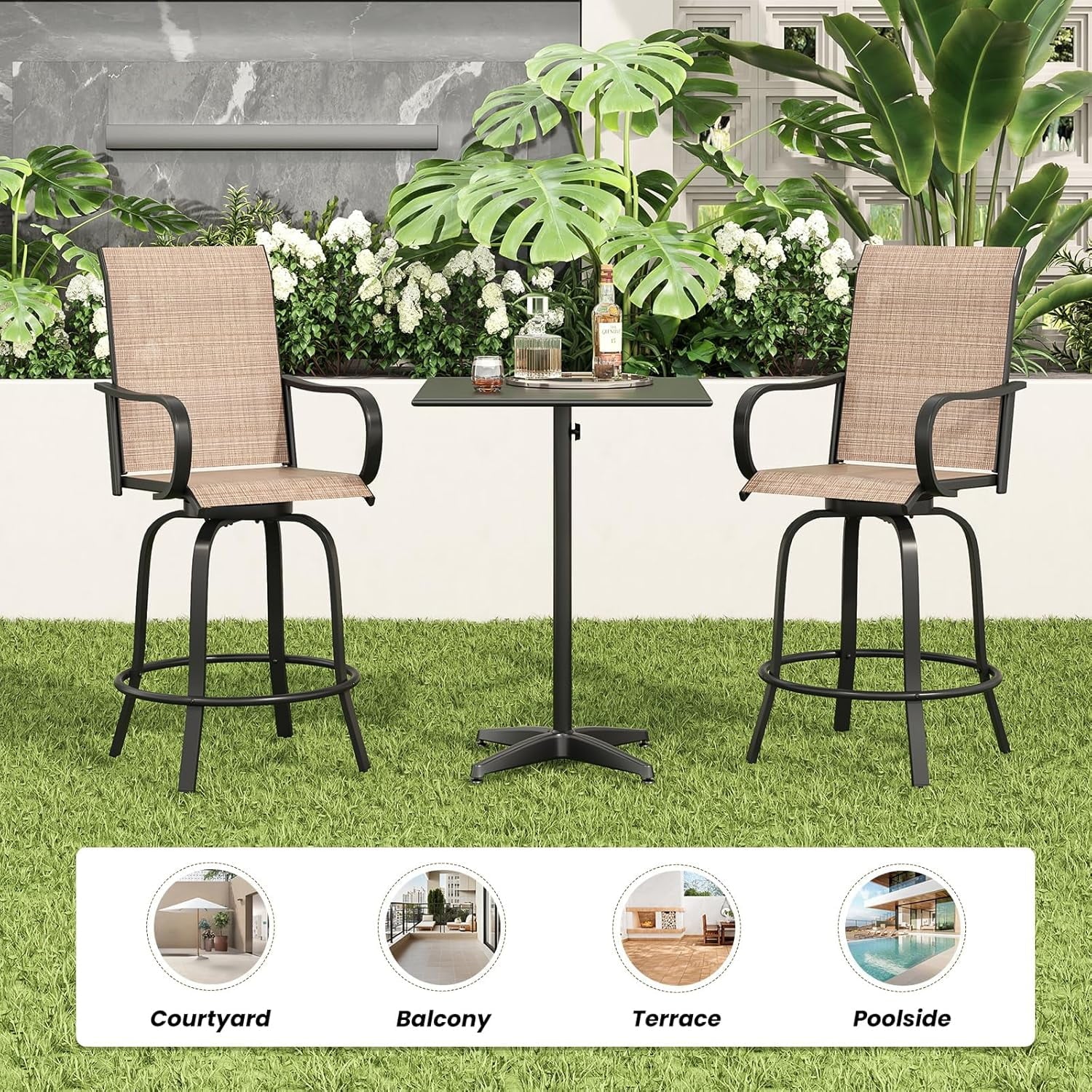 Farini Outdoor Bar Stools Set of 2, 360° Swivel Patio Barstools with Textile Fabric,Ergonomic Comfort Bar Height Tall Outdoor Stools for Balcony,Brown