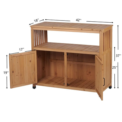 Outdoor Storage Cabinet, Patio Bar Table with Two Doors and Shelves, Wooden Patio Bar Table Set with Storage, Buffet Cabinet Sideboard for Outdoor and Indoor, Gray