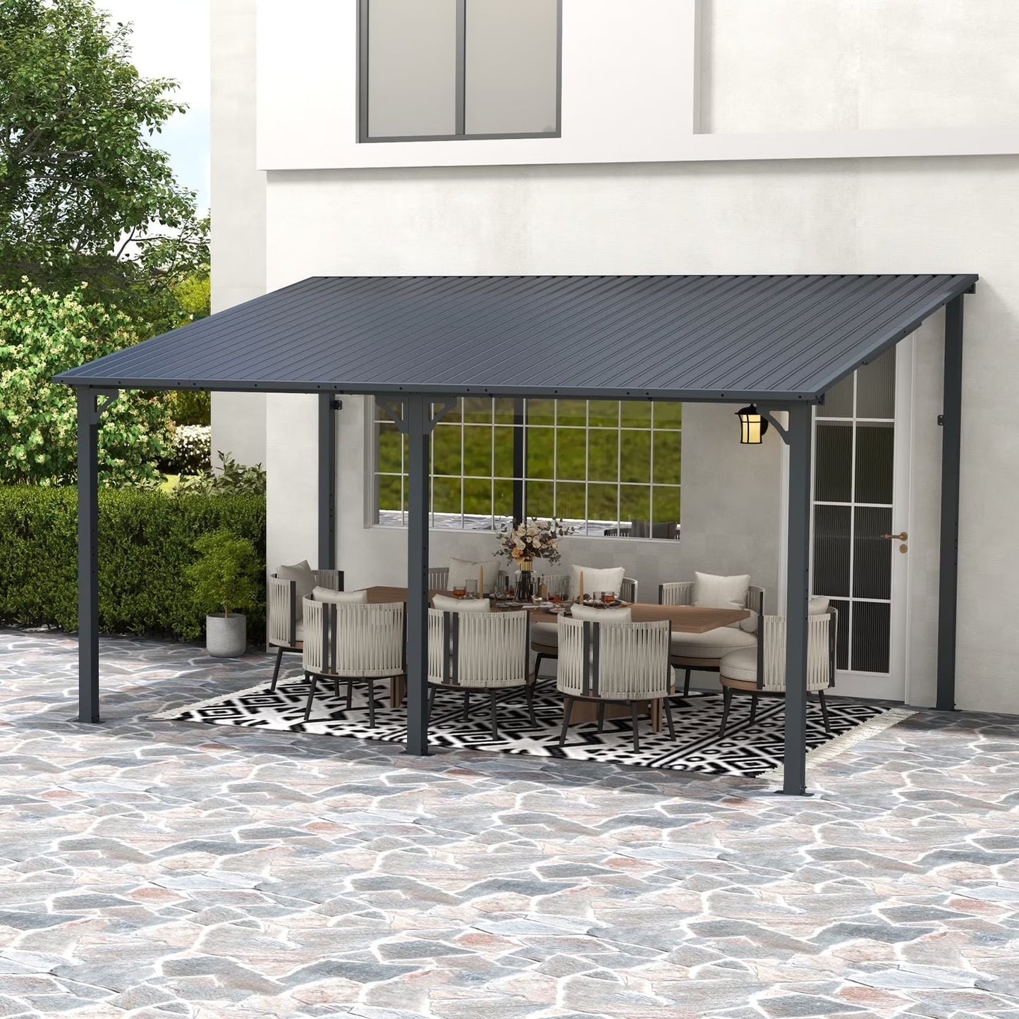 8' x 10' Outdoor Pergola Gazebo, Lean to Awnings Gazebos, Heavy Duty Hard Top Metal Pergola with Roof, for Patio, Backyard, Decks, Poolside