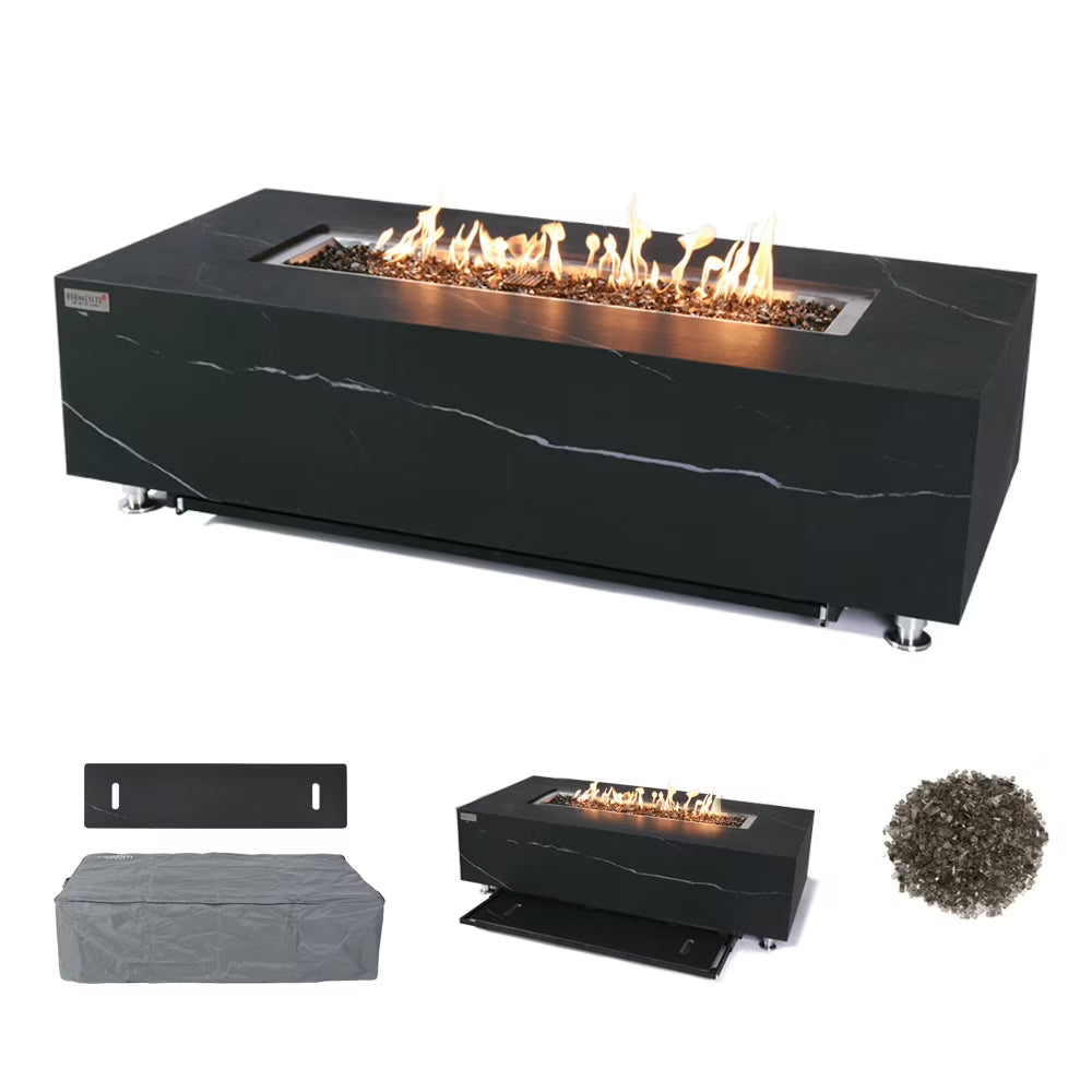 Elementi Plus Varna Propane Fire Pit for Outside Outdoor Fire Pit Table Smokeless Firepit Marble Porcelain Rectangular Fire Table Patio Heater Fireplace 60000 BTUs - Bulgaria Black, 59.8 x 28 Inches