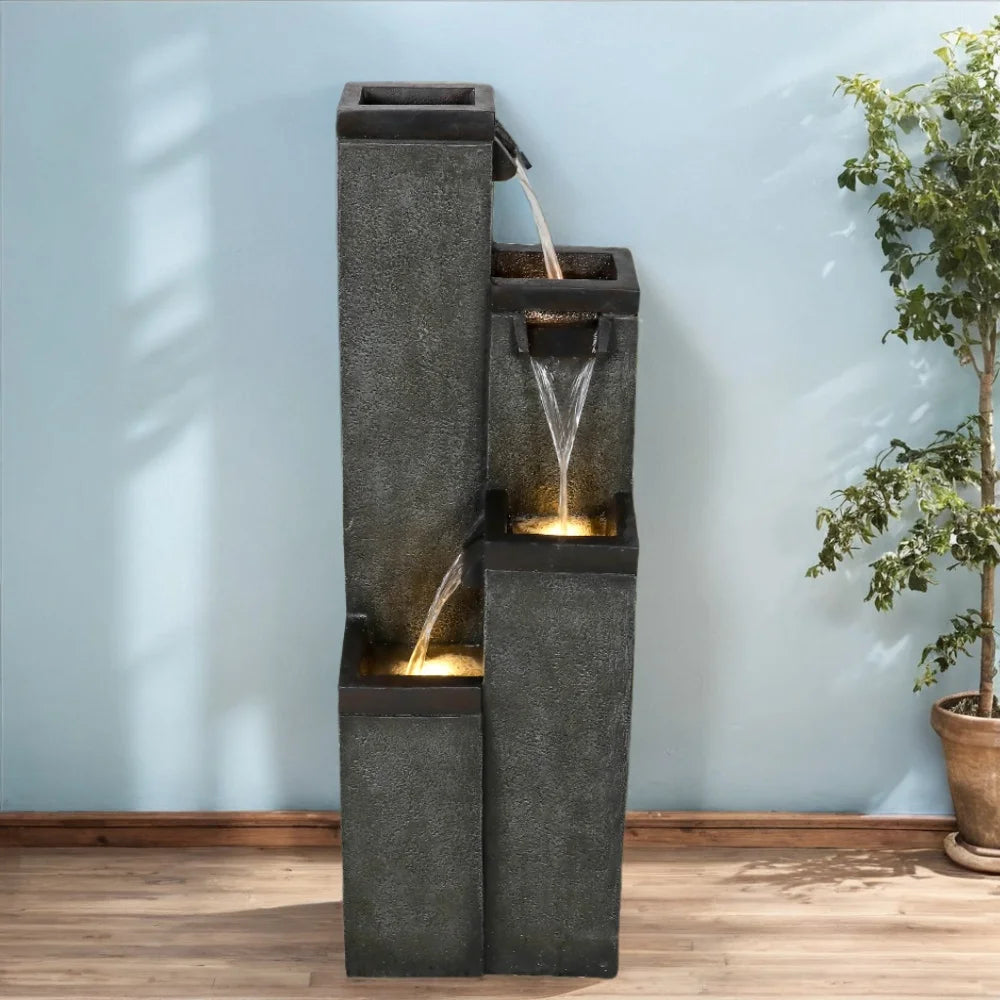 4-Tier Modern Floor-Standing Water Fountain,39.3? Indoor Outdoor Water Fountain with Lights for Garden, Patio Backyard and Home Art Decor