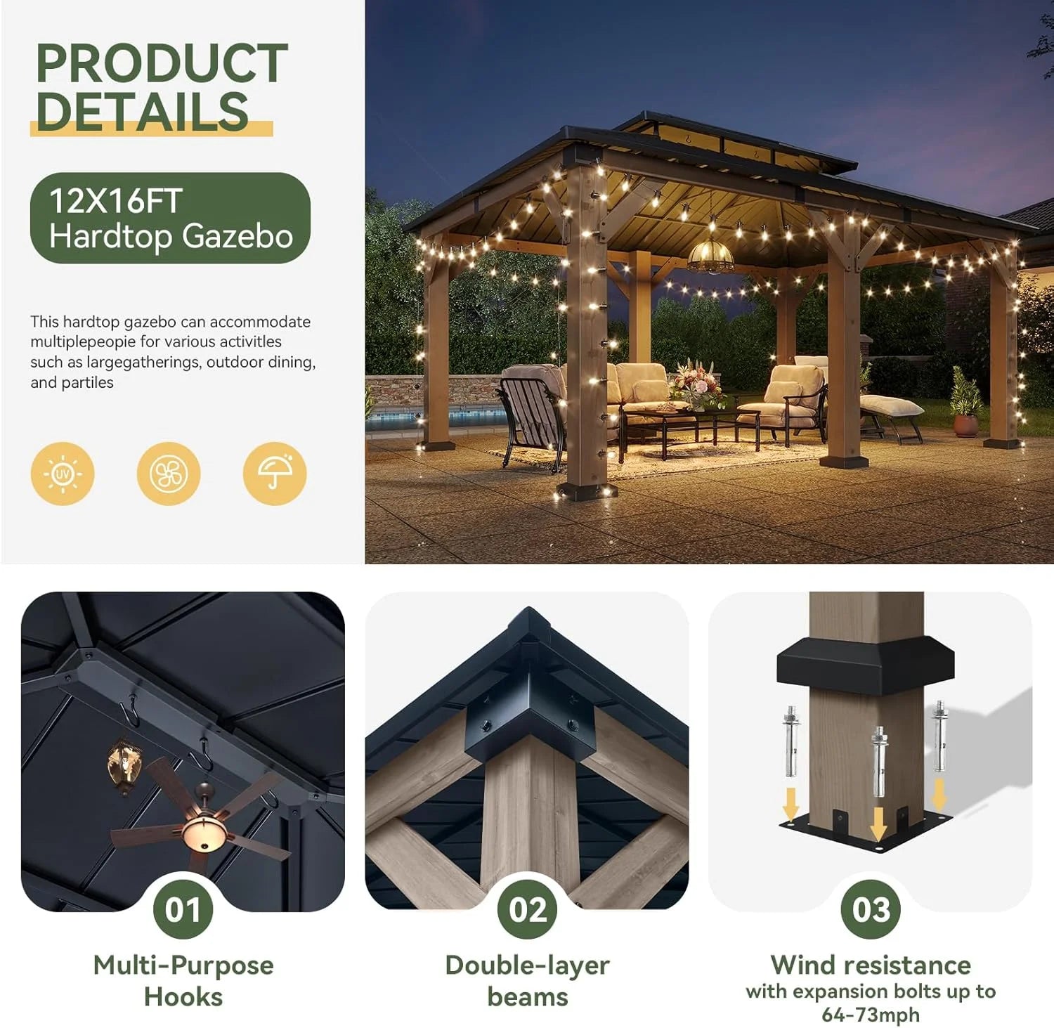 Aoxun 12' x 16' Outdoor Wood Gazebo, Hardtop Gazebo Permanent Wooden Pavilion with Galvanized Steel Double Roof, for Patio, Garden, Backyard, Cedar Wood