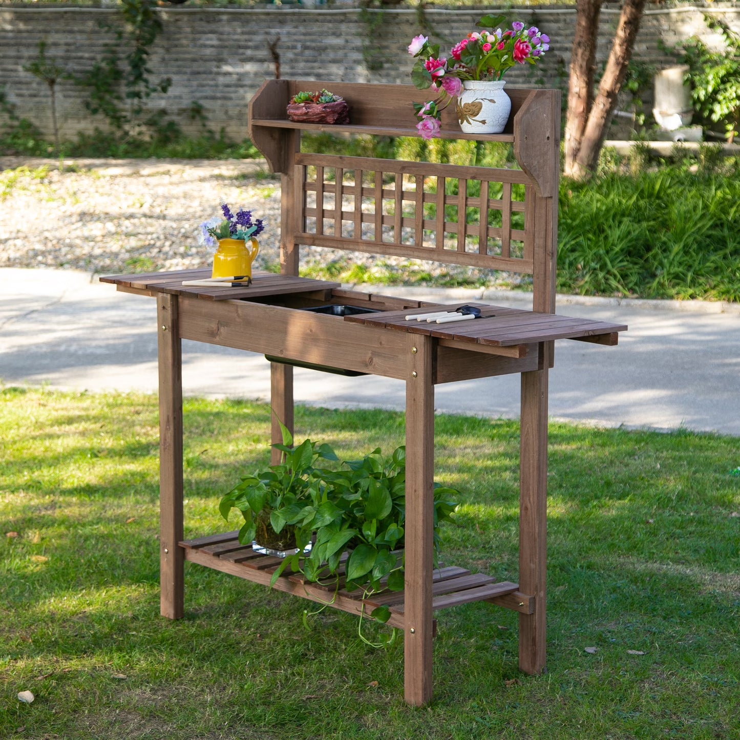 Outsunny Outdoor Potting Bench Table, Wooden Workstation with Sliding Tabletop, Storage Shelf and Dry Sink, for Greenhouse, Garden, Patio, Brown