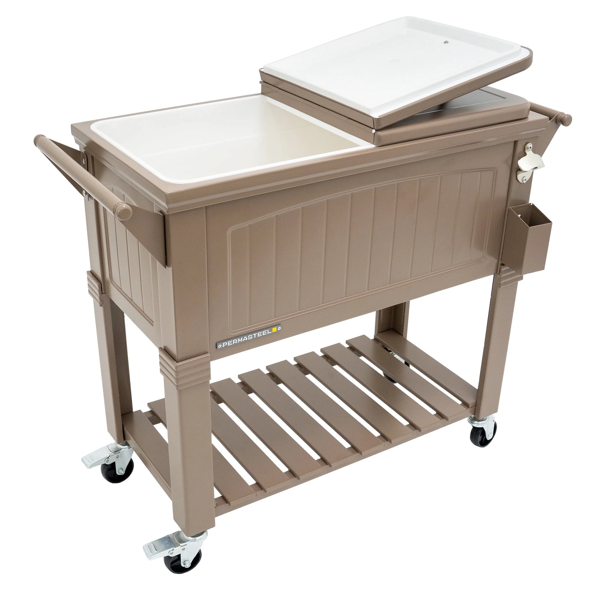 Permasteel 80-Qt Antique Outdoor Steel Patio Cooler on Wheels, Rolling Cooler Cart, Wooden Teak Style, Taupe