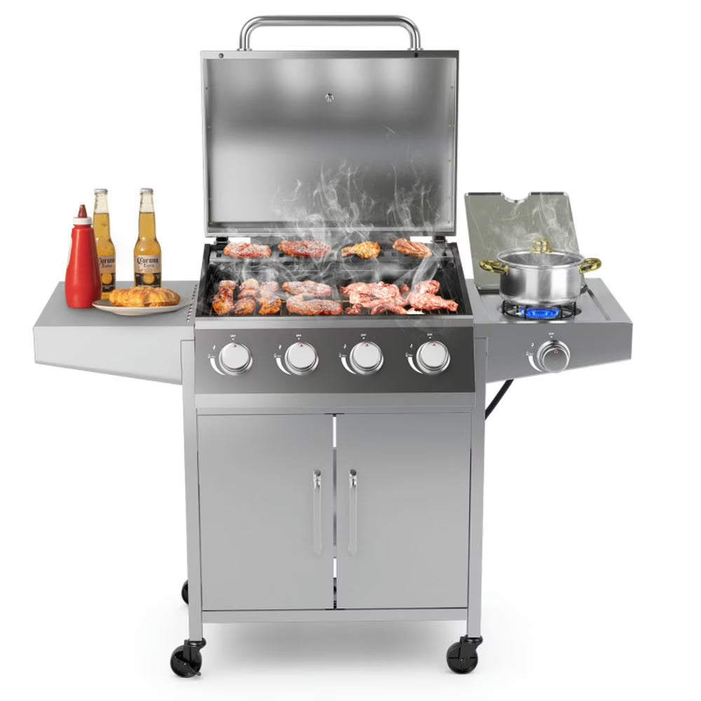 Aimee Lii 50000BTU 5-Burner Propane Gas Grill with Side Burner and 2 Prep Tables, BBQ Grill for Outdoor Cooking Kitchen, Garden and Patio Backyard Barbecue-Silver