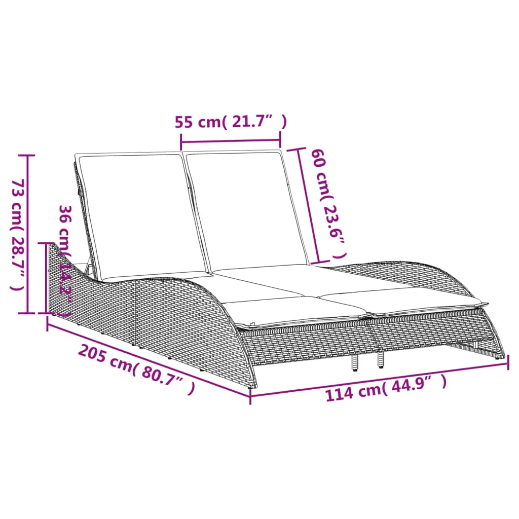 vidaXL Patio Sun Lounger Light Gray PE Rattan, Powder-Coated Steel Double