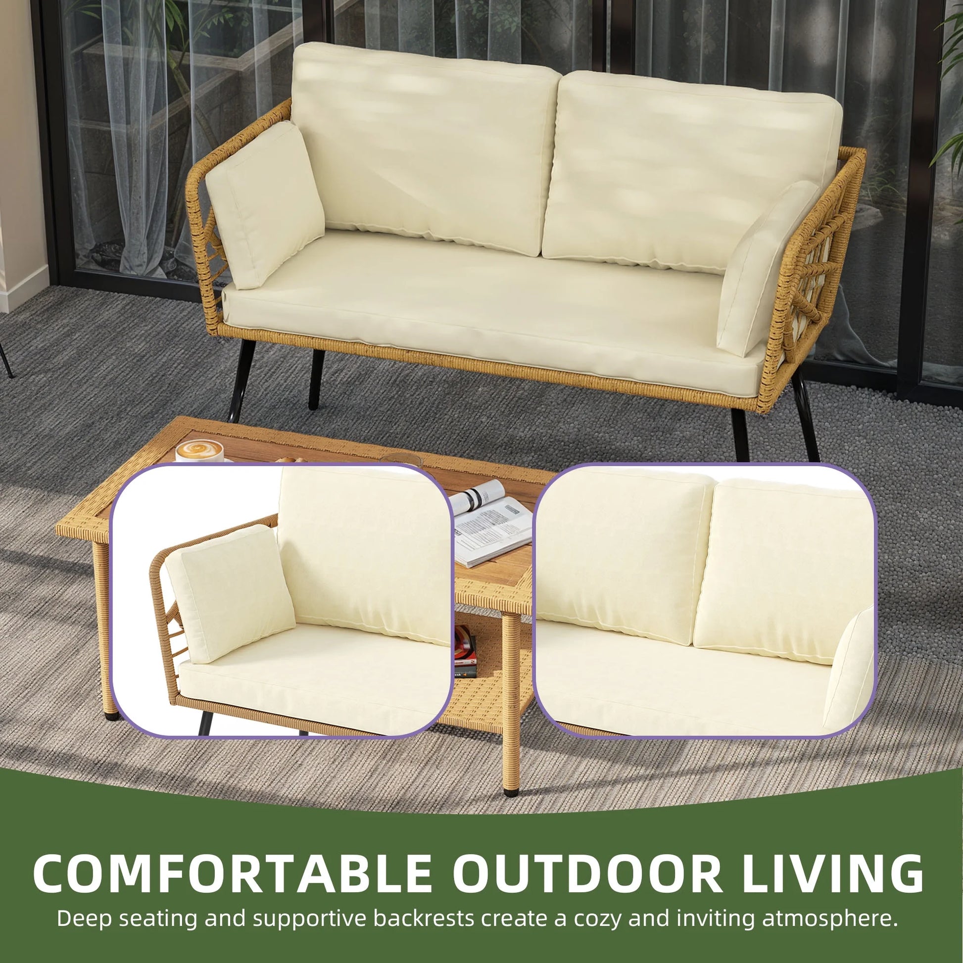 Uforic Outdoor Wicker Loveseat with Cushions and Rattan Side Table, All-Weather 2 Pieces Bistro Patio Conversation Furniture Set -Beige