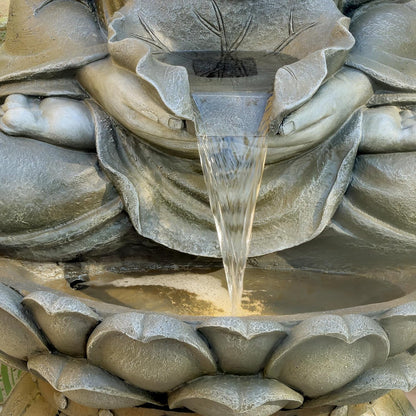 Buddha Water Fountain Outdoor Large Sitting Lotus Base Waterfall Fountains Zen Water Feature Indoor with LED Light for Garden Patio Backyard Deck Lawn Porch Balcony Home 45 inches Gold