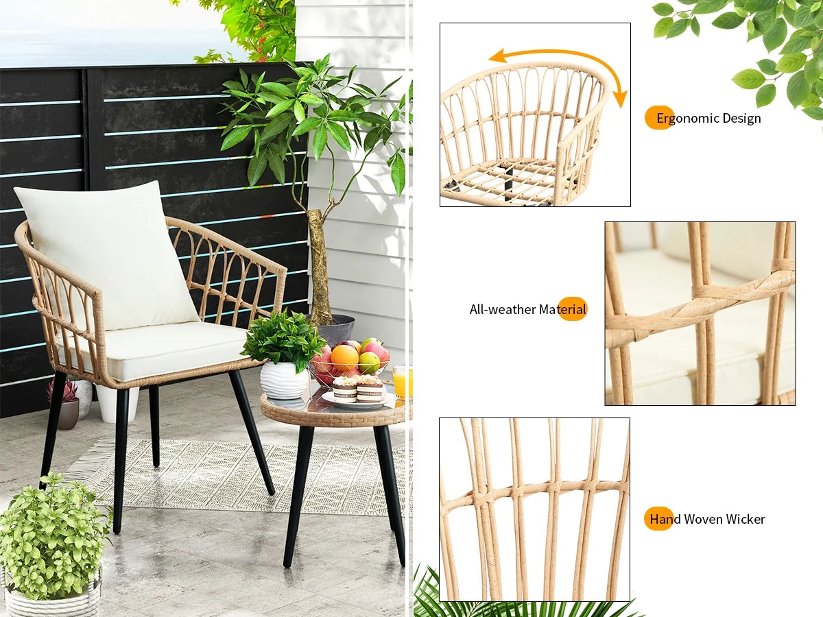 FHFO 3 Piece Patio Bistro Set, Outdoor Wicker Apartment Balcony Furniture Sets, Rattan Table and Chairs Set of 2 for Porch Backyard Lawn Poolside Deck, Beige