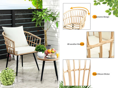 FHFO 3 Piece Patio Bistro Set, Outdoor Wicker Apartment Balcony Furniture Sets, Rattan Table and Chairs Set of 2 for Porch Backyard Lawn Poolside Deck, Beige