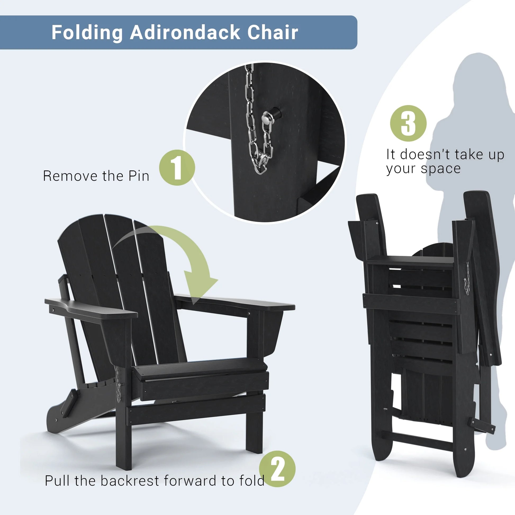 TORVA Folding Adirondack Chair, Fire Pit Chair,Patio Outdoor Chairs All-Weather Proof HDPE Resin for BBQ Beach Deck Garden Lawn Backyard, Black