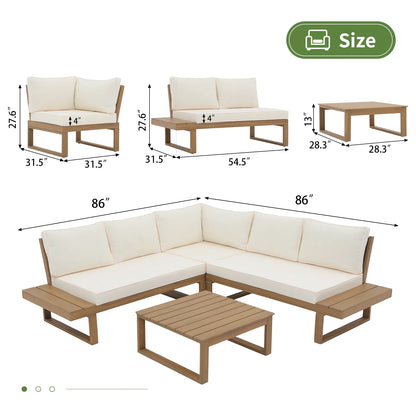 OC Orange-Casual Outdoor 4-Piece Acacia Wood Furniture Set, All-Weather Patio Sectional Sofa Set, Rope Lounge Couch with Wood Table, Cream White Cushion